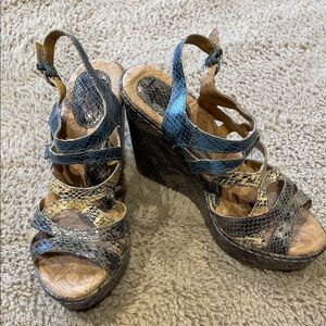 Born Snake-Print Strappy Wedge Sandals in Blue and Tan